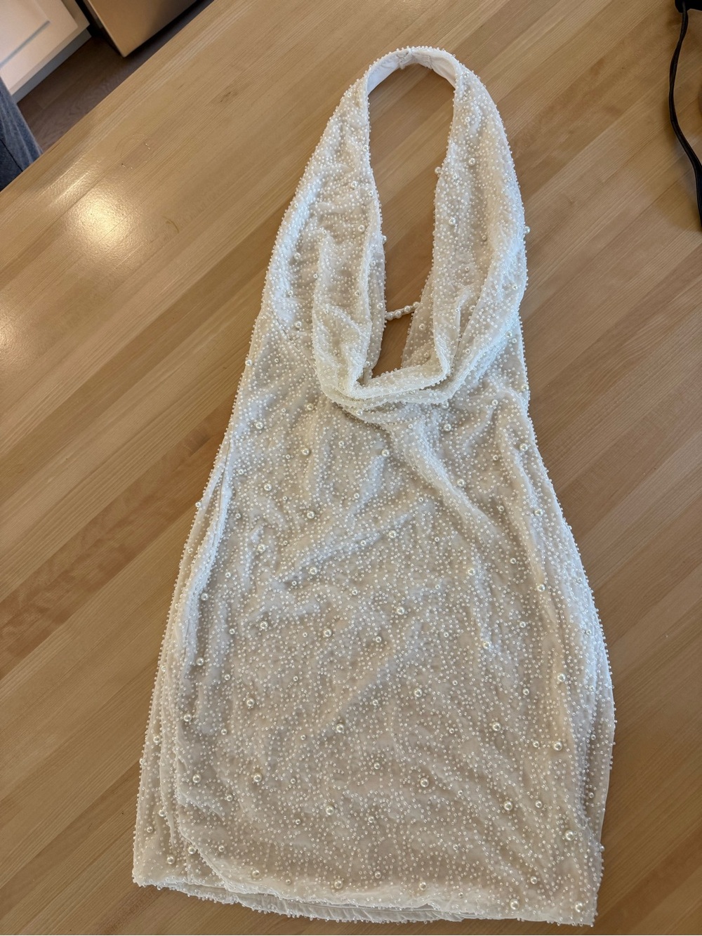 Oh Polly Ivory Pearl-Embellished Backless Halter Mini Dress